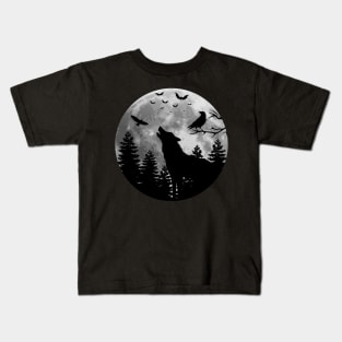 Wild Howling Wolf in the forest with raven eagle and bat Kids T-Shirt